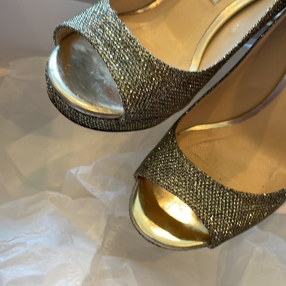 Jimmy Choo Luna 100 Platform Peep Toe Pumps | Metallic Bronze Lamè Glitter 37.5 - Picture 15 of 16